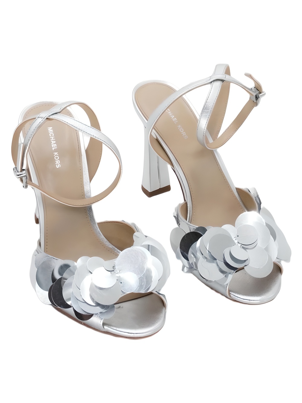 Michael Kors Silver Sequin Disc Embellished Block Heel Sandals Size 7M